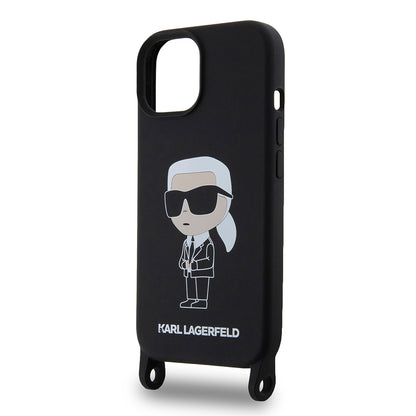 Custodia per Apple iPhone 15, Karl Lagerfeld, Silicone Crossbody Ikonik Karl, Nera