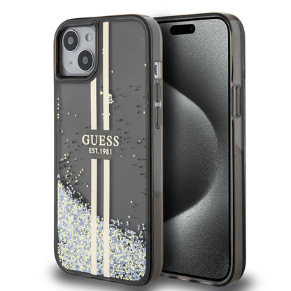 Custodia per Apple iPhone 15 Plus, Guess, Liquid Glitter Gold Stripes, Nera