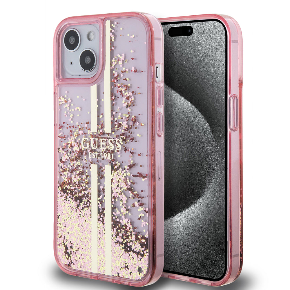 Custodia per Apple iPhone 15 Plus, Guess, Liquid Glitter Gold Stripes, Rosa