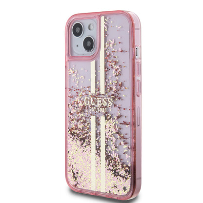 Custodia per Apple iPhone 15 Plus, Guess, Liquid Glitter Gold Stripes, Rosa