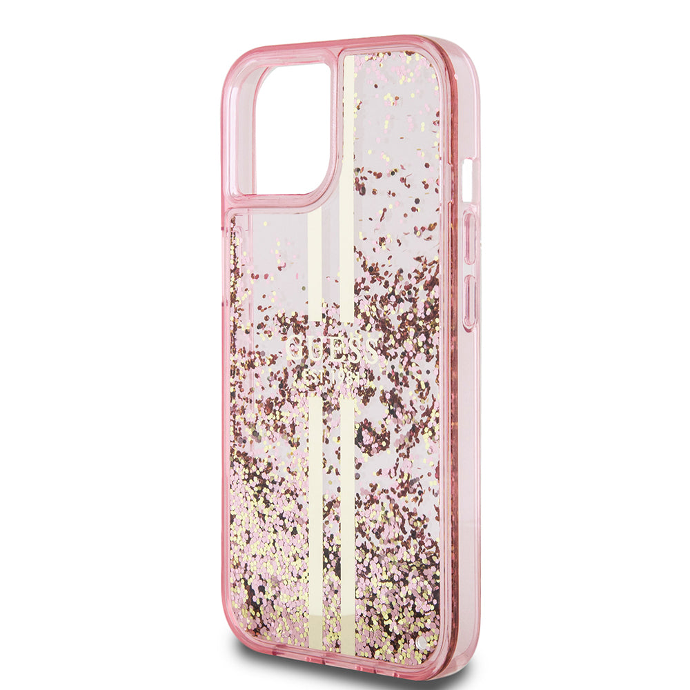 Custodia per Apple iPhone 15 Plus, Guess, Liquid Glitter Gold Stripes, Rosa