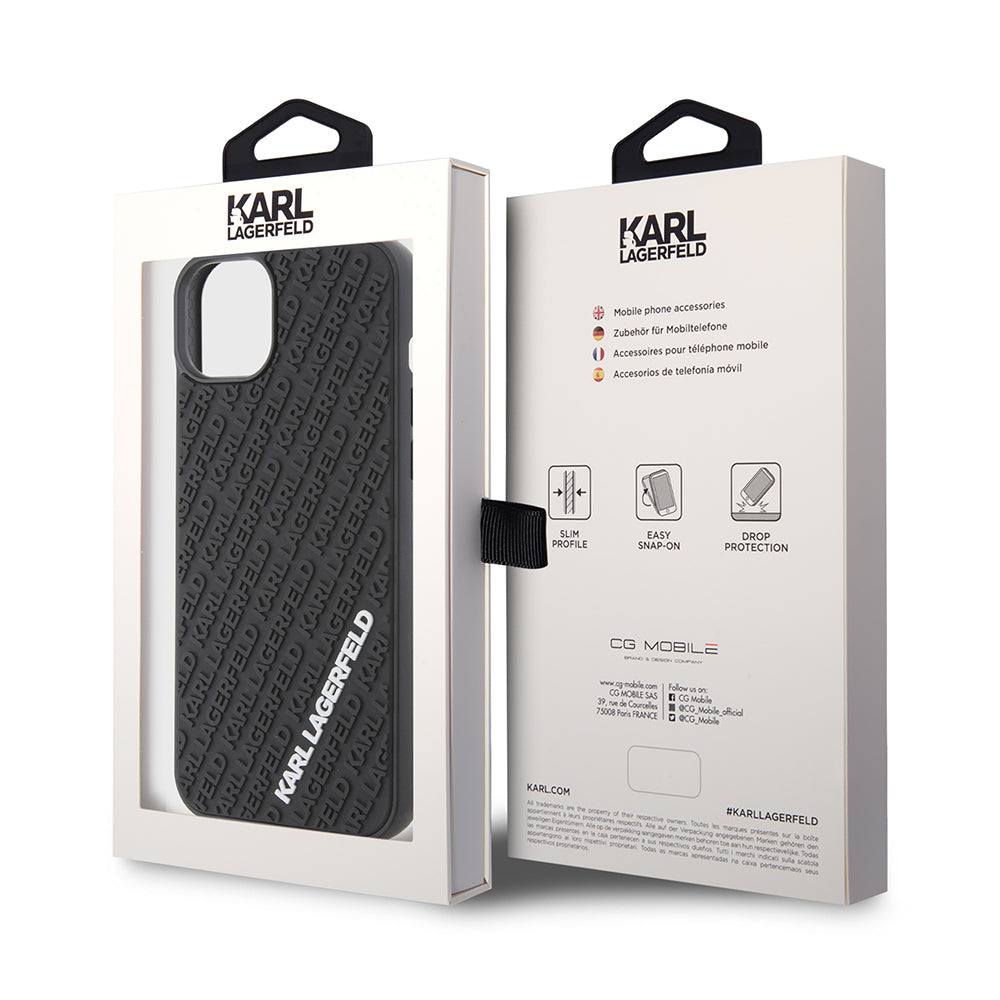 Custodia per Apple iPhone 15 Plus, Karl Lagerfeld, 3D Rubber Multi Logo, Nera