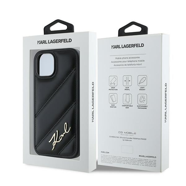 Custodia per Apple iPhone 15 Plus, Karl Lagerfeld, Diagonal Quilted Script, Nera