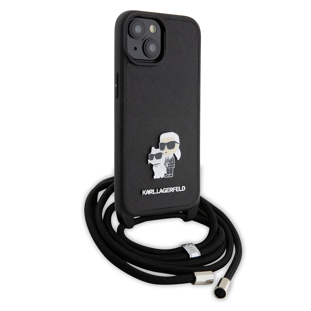 Custodia per Apple iPhone 15 Plus, Karl Lagerfeld, Saffiano Crossbody Metal Pin Karl & Choupette, Nera