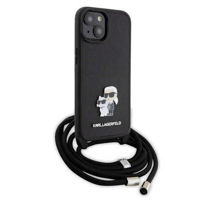 Custodia per Apple iPhone 15 Plus, Karl Lagerfeld, Saffiano Crossbody Metal Pin Karl & Choupette, Nera