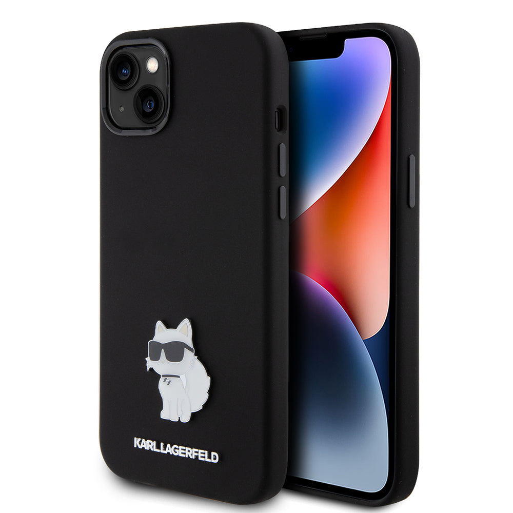 Custodia per Apple iPhone 15 Plus, Karl Lagerfeld, Silicone Choupette Metal, Nera