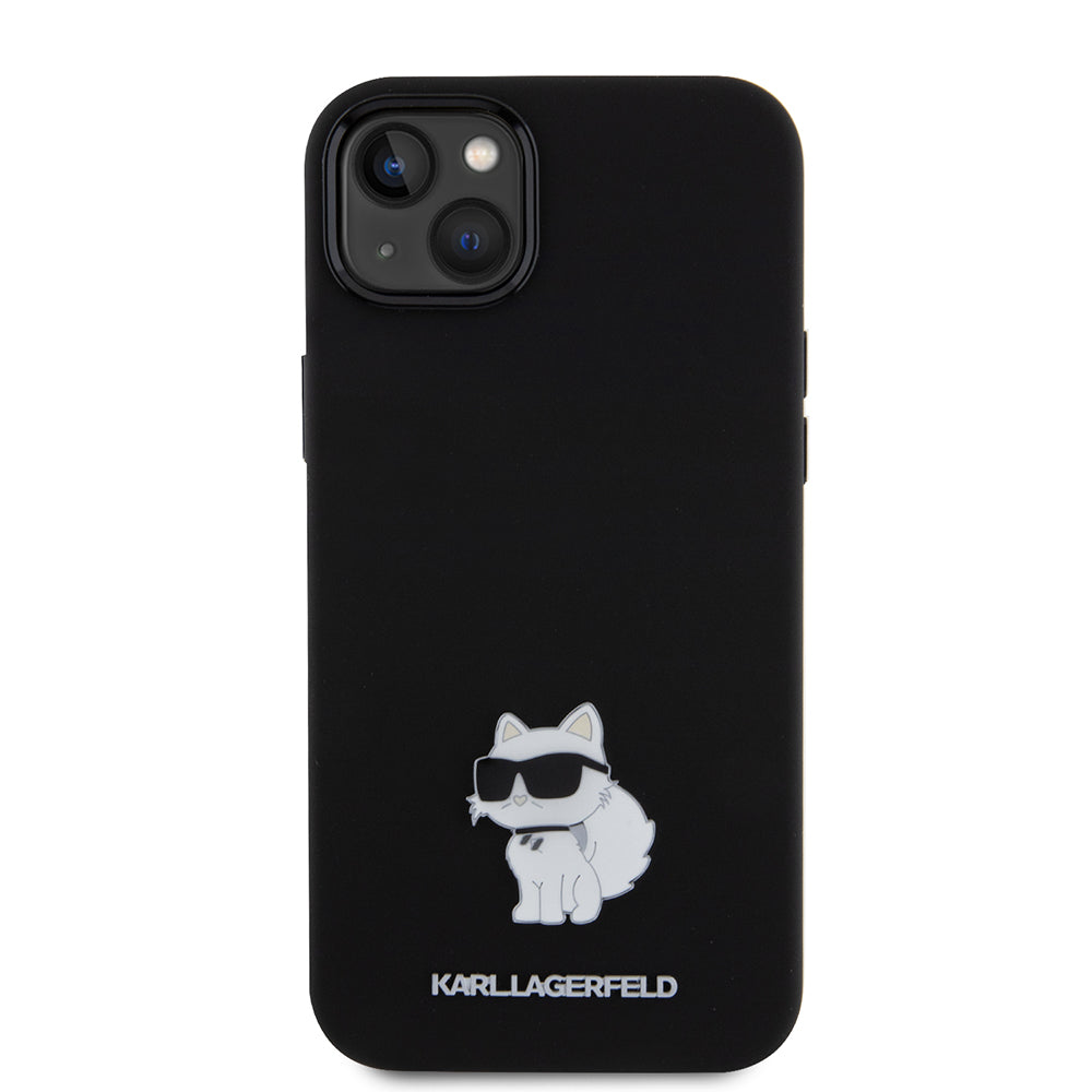 Custodia per Apple iPhone 15 Plus, Karl Lagerfeld, Silicone Choupette Metal, Nera