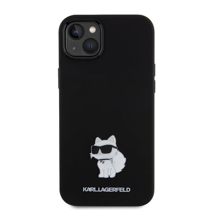 Custodia per Apple iPhone 15 Plus, Karl Lagerfeld, Silicone Choupette Metal, Nera