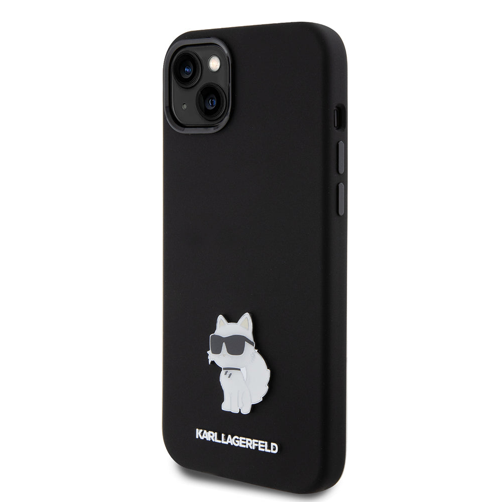 Custodia per Apple iPhone 15 Plus, Karl Lagerfeld, Silicone Choupette Metal, Nera