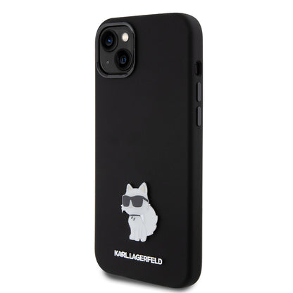 Custodia per Apple iPhone 15 Plus, Karl Lagerfeld, Silicone Choupette Metal, Nera