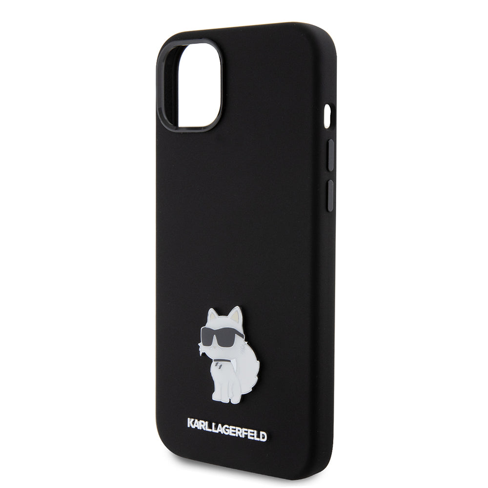 Custodia per Apple iPhone 15 Plus, Karl Lagerfeld, Silicone Choupette Metal, Nera