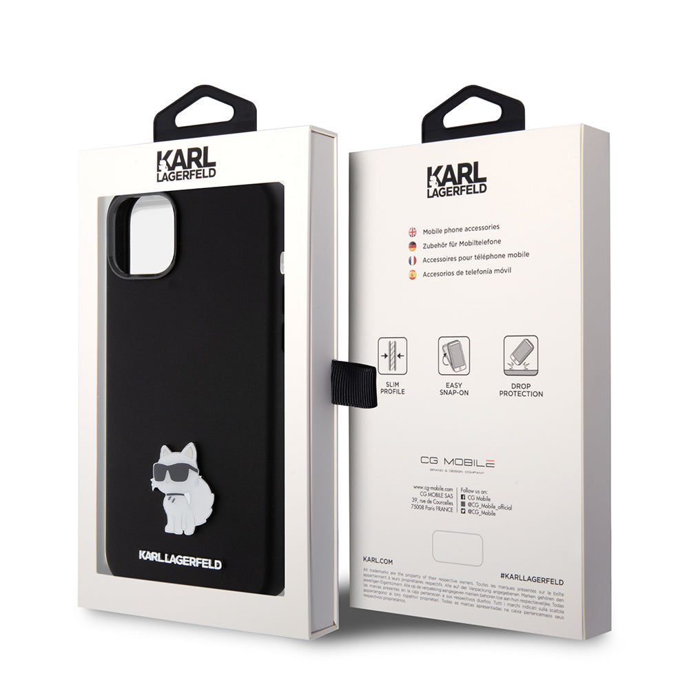 Custodia per Apple iPhone 15 Plus, Karl Lagerfeld, Silicone Choupette Metal, Nera