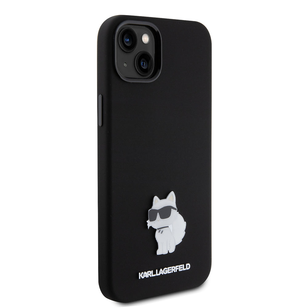 Custodia per Apple iPhone 15 Plus, Karl Lagerfeld, Silicone Choupette Metal, Nera