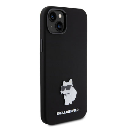 Custodia per Apple iPhone 15 Plus, Karl Lagerfeld, Silicone Choupette Metal, Nera