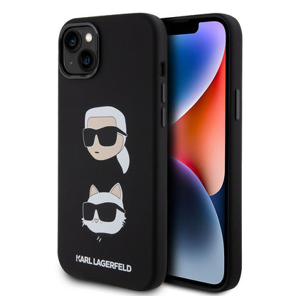Custodia per Apple iPhone 15 Plus, Karl Lagerfeld, Silicone Karl & Choupette's Heads, Nera
