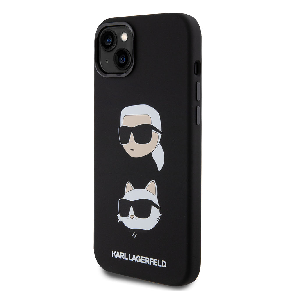 Custodia per Apple iPhone 15 Plus, Karl Lagerfeld, Silicone Karl & Choupette's Heads, Nera