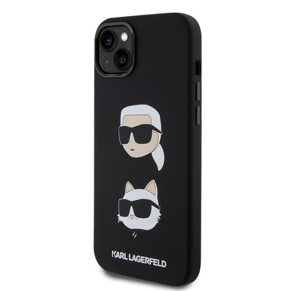 Custodia per Apple iPhone 15 Plus, Karl Lagerfeld, Silicone Karl & Choupette's Heads, Nera