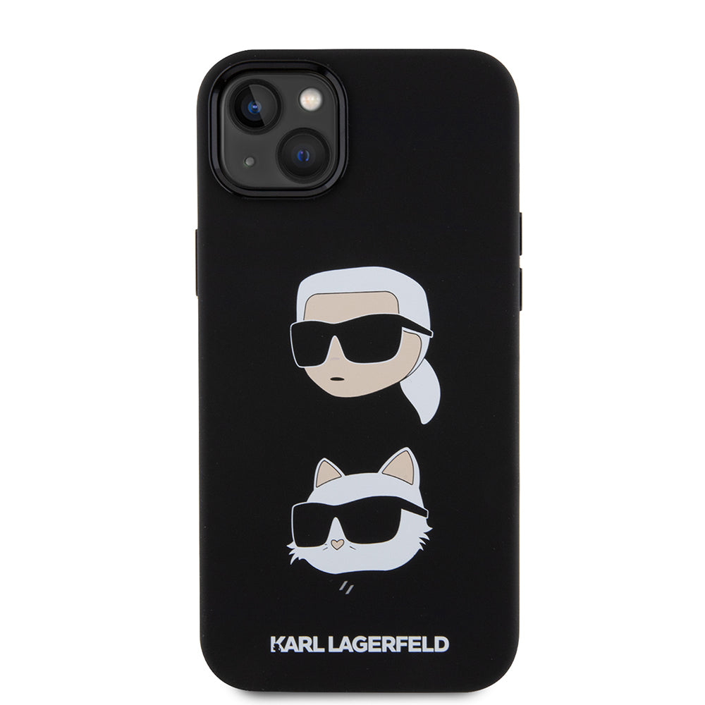 Custodia per Apple iPhone 15 Plus, Karl Lagerfeld, Silicone Karl & Choupette's Heads, Nera
