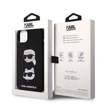 Custodia per Apple iPhone 15 Plus, Karl Lagerfeld, Silicone Karl & Choupette's Heads, Nera