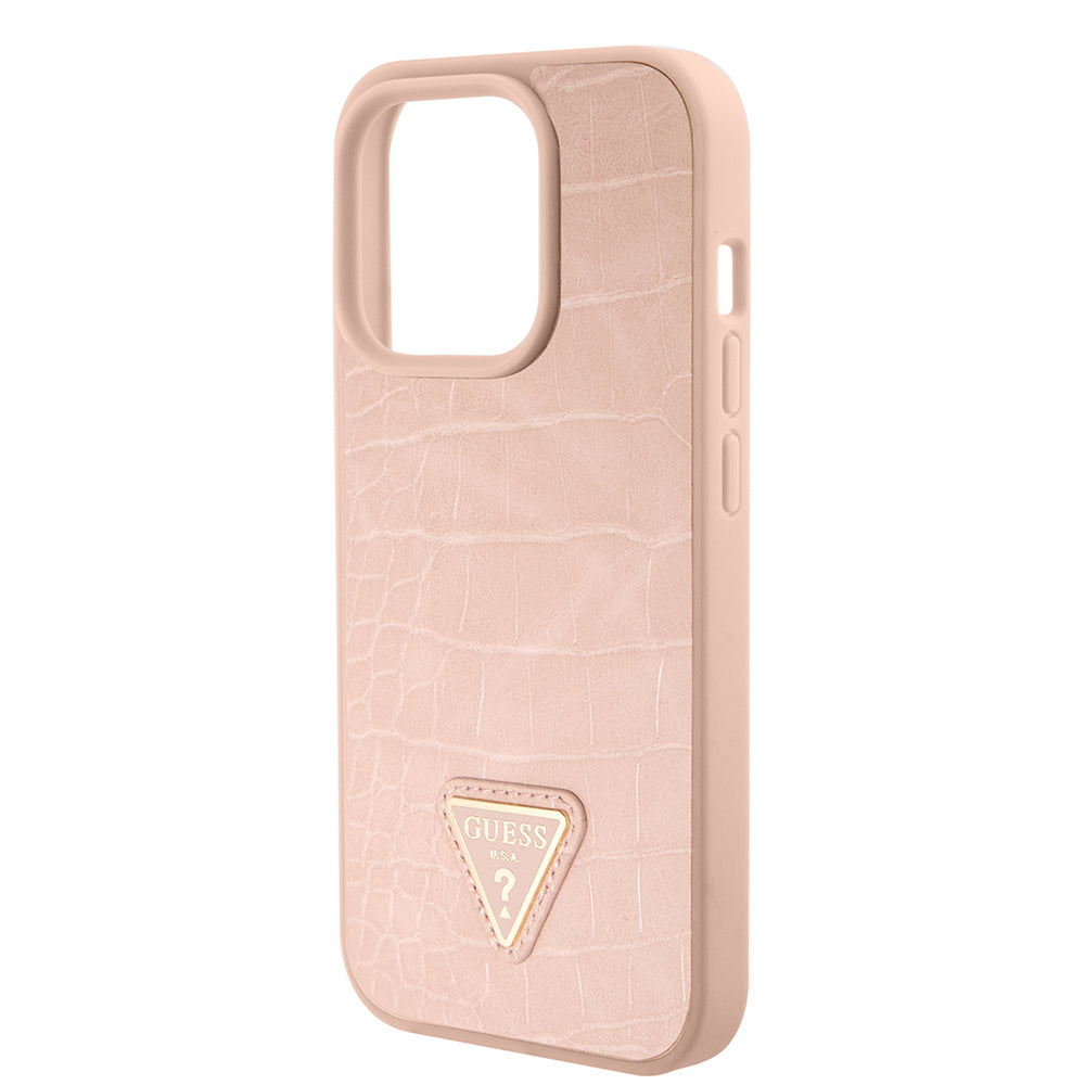 Case for Apple iPhone 15 Pro, Guess, Croco Triangle Metal Logo, Pink