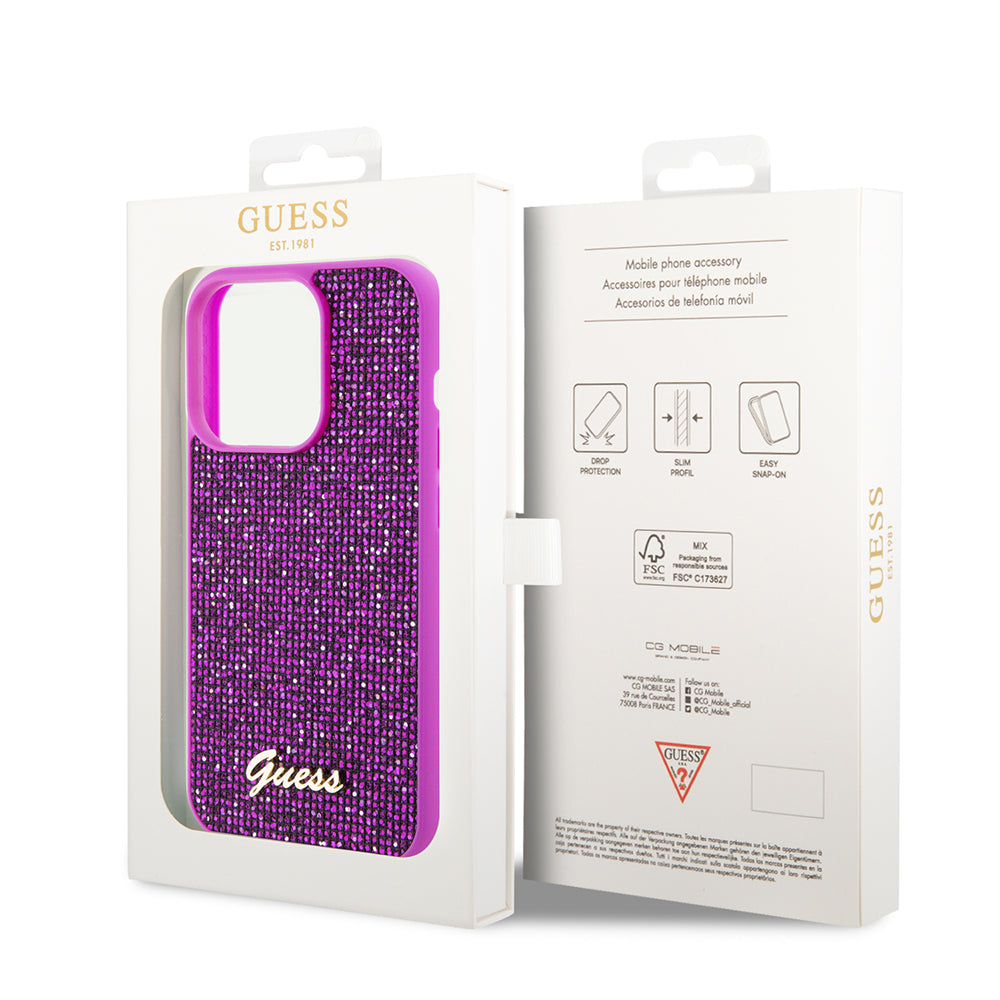 Custodia per Apple iPhone 15 Pro, Guess, Disco Metal Script, Fucsia