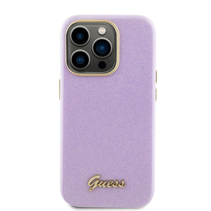 Custodia per Apple iPhone 15 Pro, Guess, Glitter Glossy Script, Lilla Chiaro
