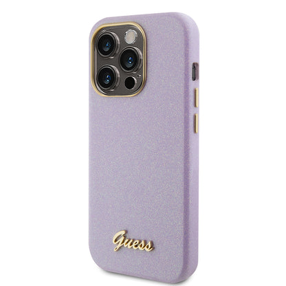 Custodia per Apple iPhone 15 Pro, Guess, Glitter Glossy Script, Lilla Chiaro