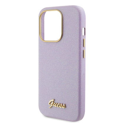 Custodia per Apple iPhone 15 Pro, Guess, Glitter Glossy Script, Lilla Chiaro