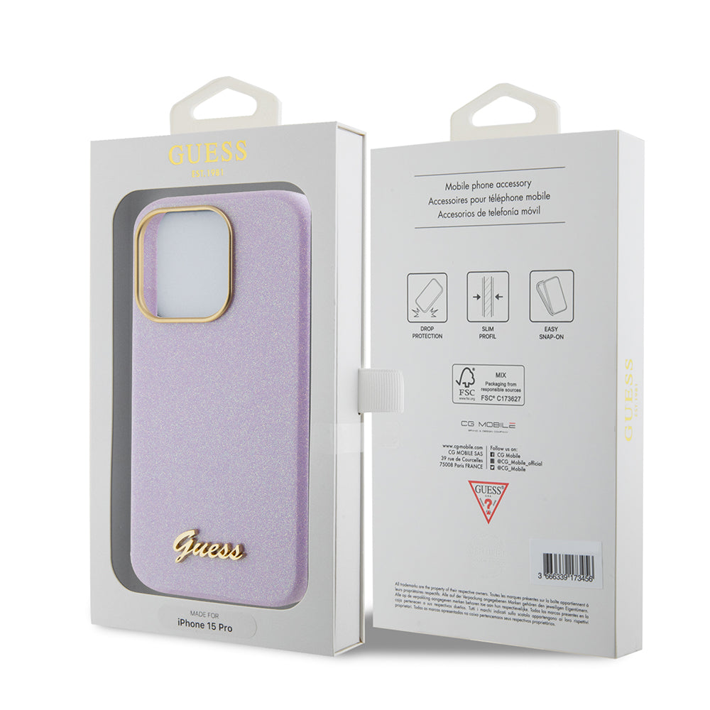 Custodia per Apple iPhone 15 Pro, Guess, Glitter Glossy Script, Lilla Chiaro