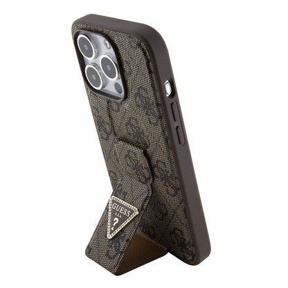 Custodia per Apple iPhone 15 Pro, Guess, Grip Stand 4G Triangle Strass, Marrone