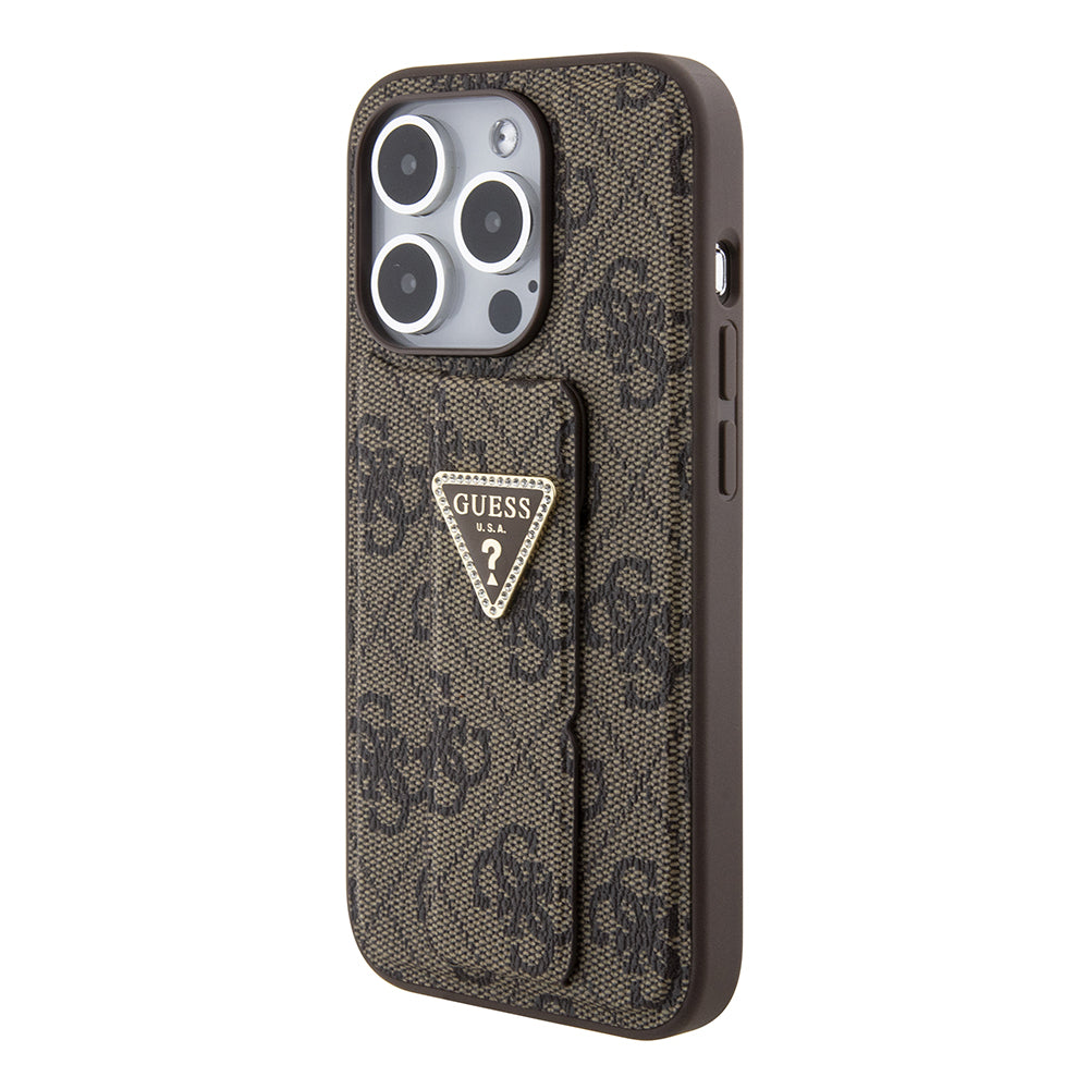 Custodia per Apple iPhone 15 Pro, Guess, Grip Stand 4G Triangle Strass, Marrone