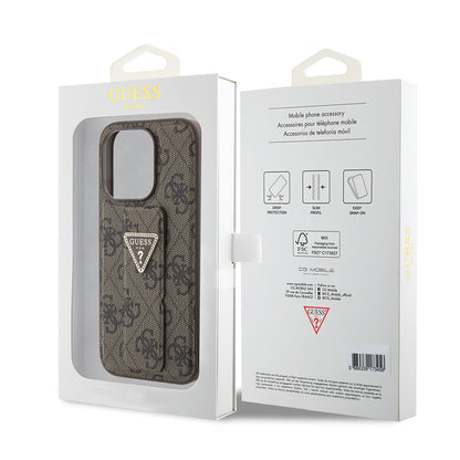 Custodia per Apple iPhone 15 Pro, Guess, Grip Stand 4G Triangle Strass, Marrone