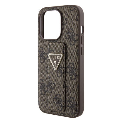 Custodia per Apple iPhone 15 Pro, Guess, Grip Stand 4G Triangle Strass, Marrone
