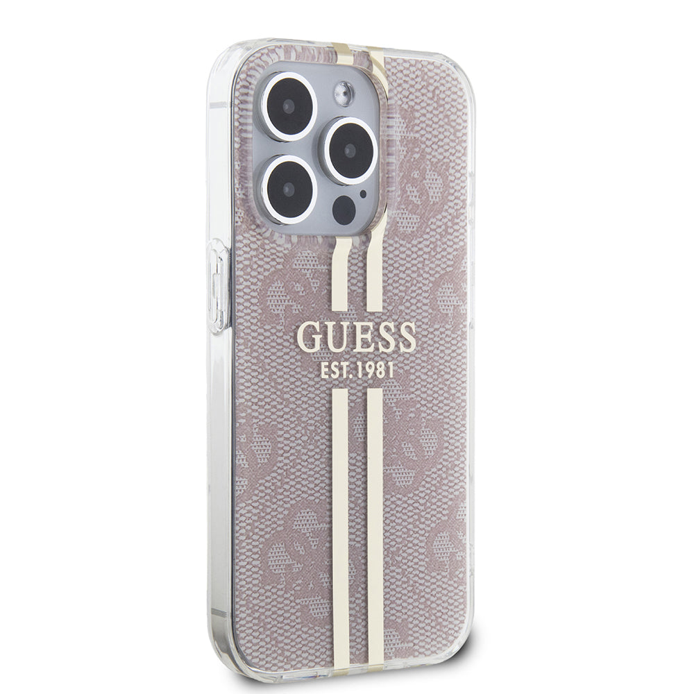 Custodia per Apple iPhone 15 Pro, Guess, IML 4G Gold Stripe, Rosa