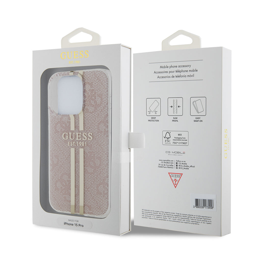 Custodia per Apple iPhone 15 Pro, Guess, IML 4G Gold Stripe, Rosa