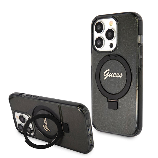 Custodia MagSafe per Apple iPhone 15 Pro, Guess, IML Ring Stand Glitter, Nera