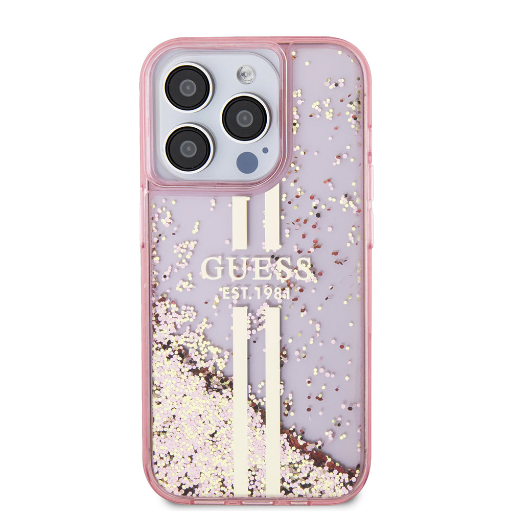 Custodia per Apple iPhone 15 Pro, Guess, Liquid Glitter Gold Stripes, Rosa