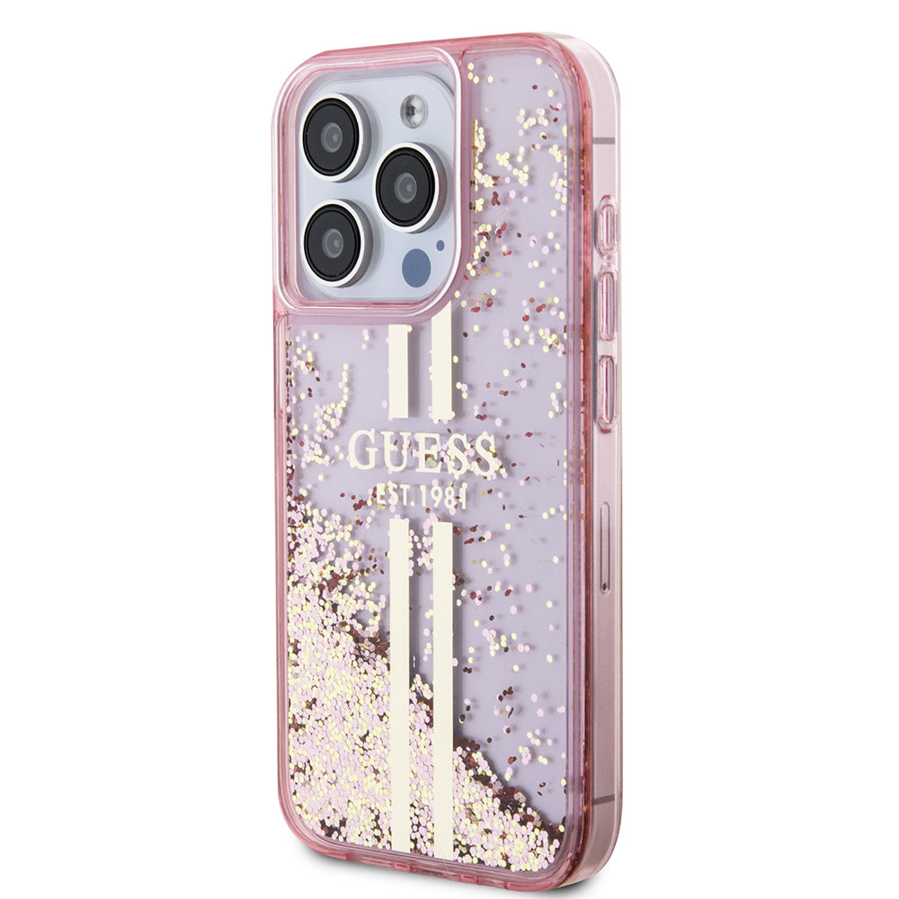 Custodia per Apple iPhone 15 Pro, Guess, Liquid Glitter Gold Stripes, Rosa