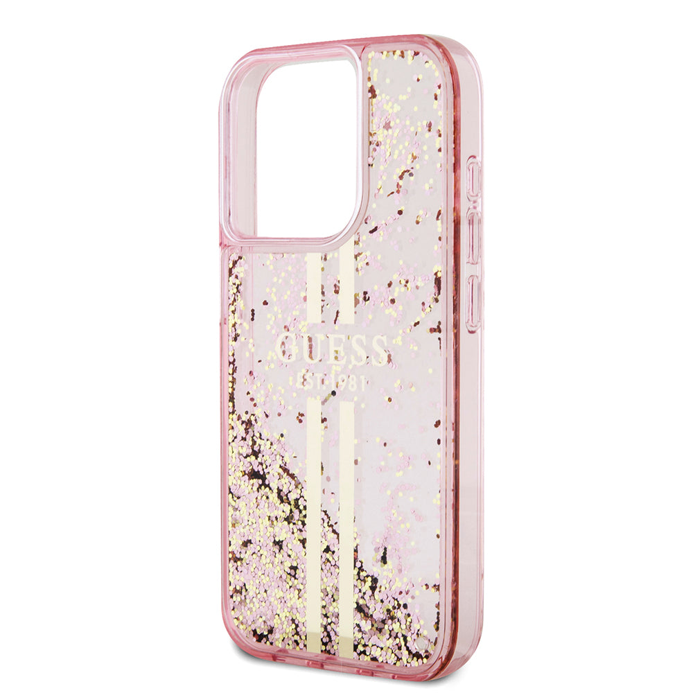 Custodia per Apple iPhone 15 Pro, Guess, Liquid Glitter Gold Stripes, Rosa