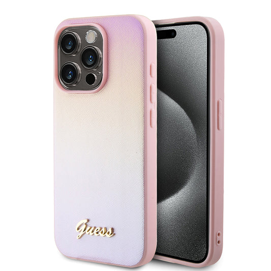 Custodia per Apple iPhone 15 Pro, Guess, Saffiano Iridescent Script, Rosa