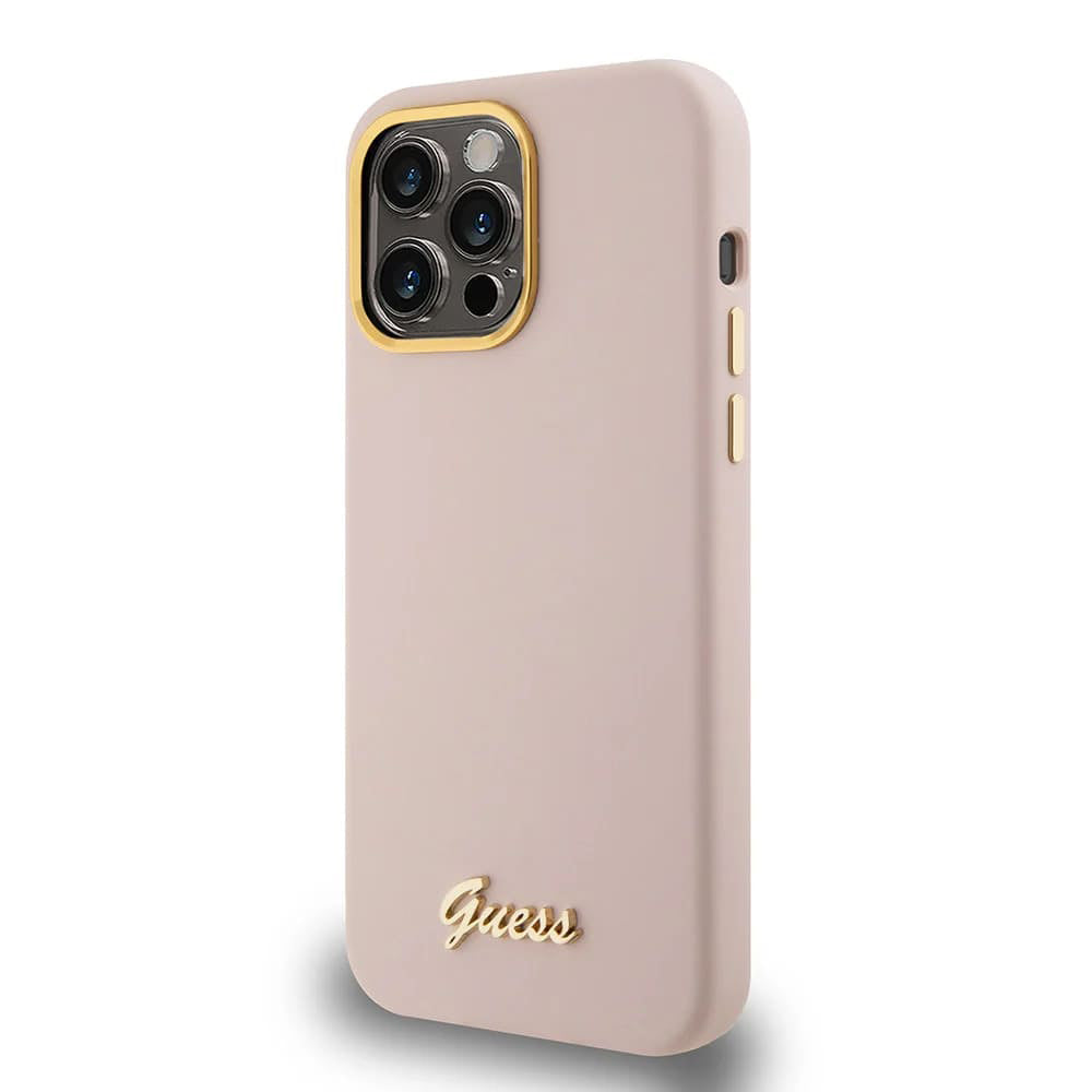 Custodia per Apple iPhone 15 Pro, Guess, Script Metal Logo & Frame, Rosa Chiaro