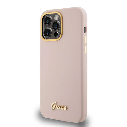 Custodia per Apple iPhone 15 Pro, Guess, Script Metal Logo & Frame, Rosa Chiaro