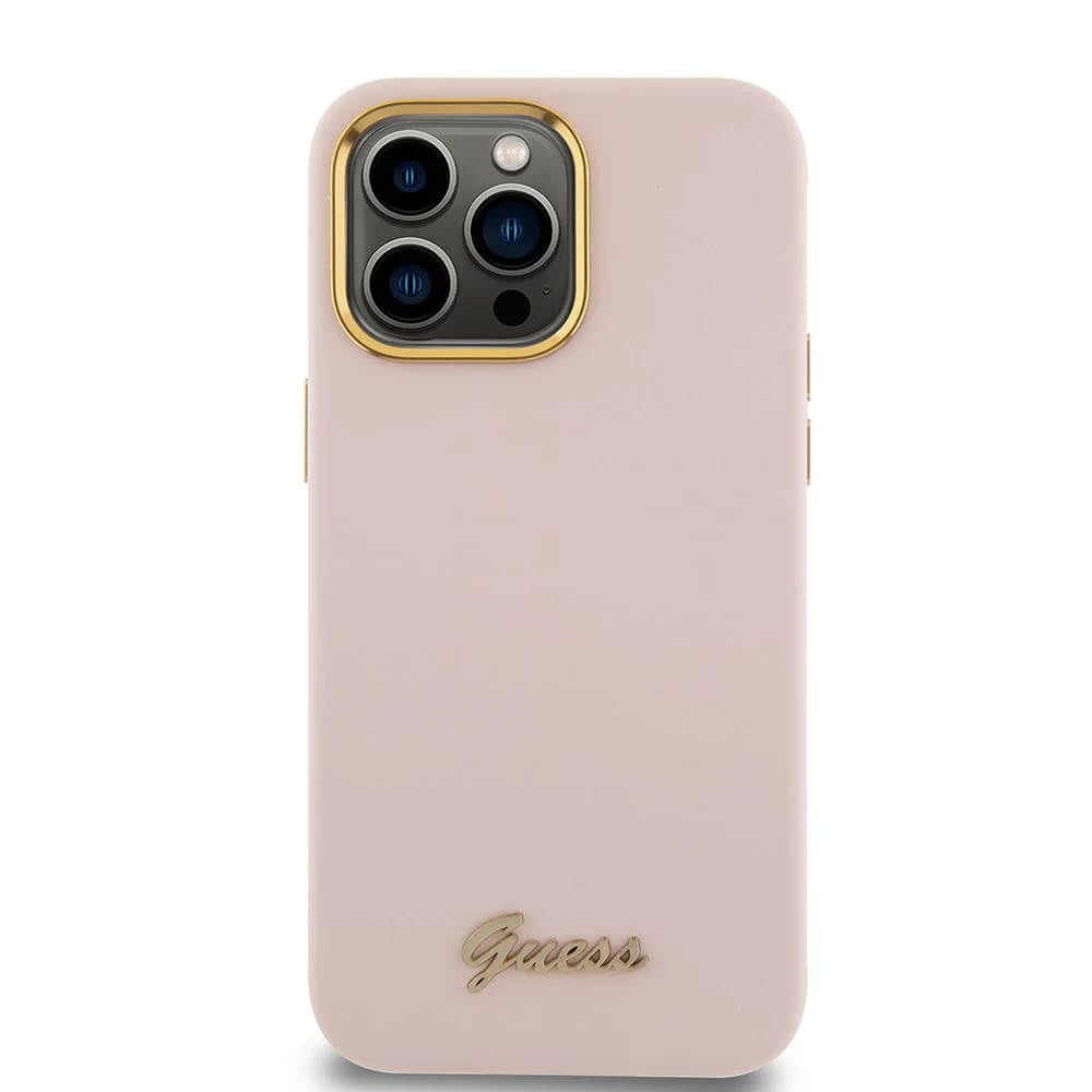 Custodia per Apple iPhone 15 Pro, Guess, Script Metal Logo & Frame, Rosa Chiaro