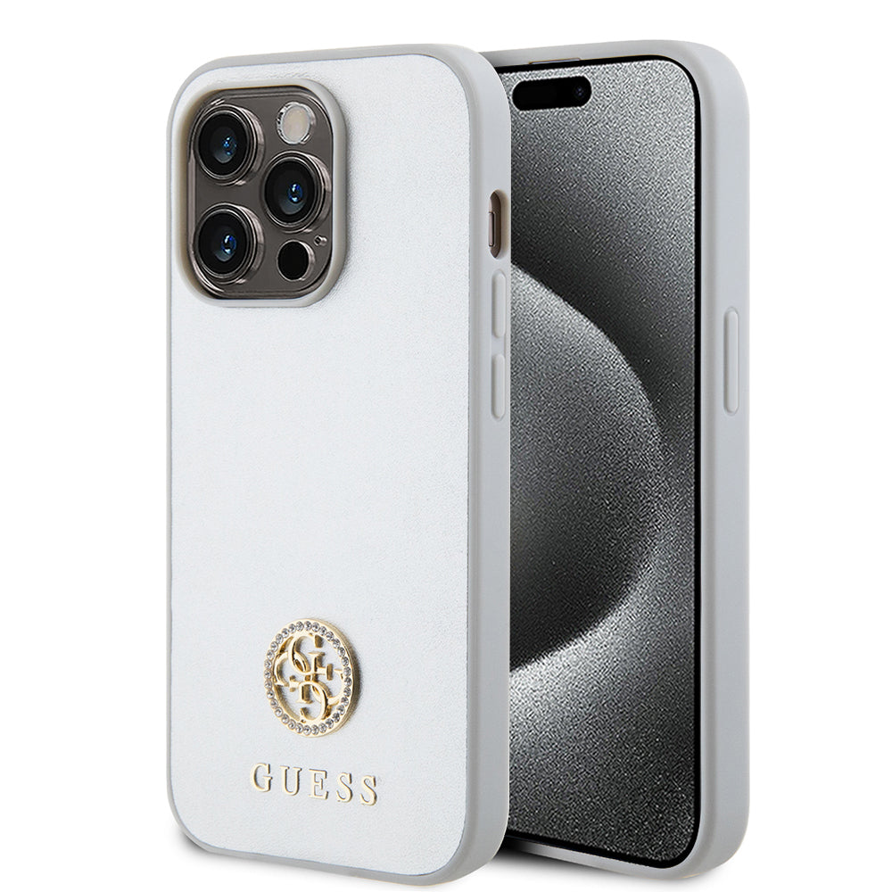 Custodia per Apple iPhone 15 Pro, Guess, Strass Metal Logo, Argento