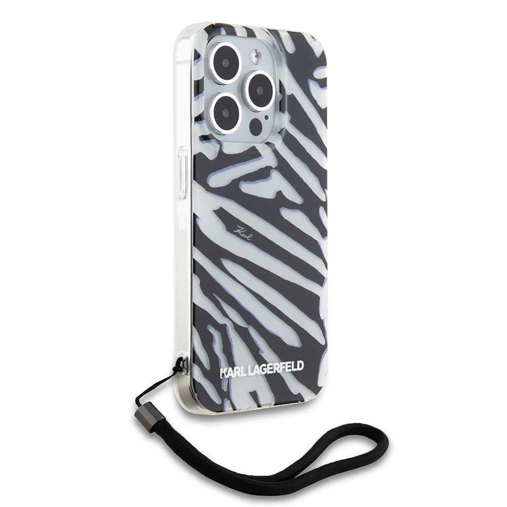 Custodia per Apple iPhone 15 Pro, Karl Lagerfeld, IML Luxury Zebra Pattern con Cinturino, Nera