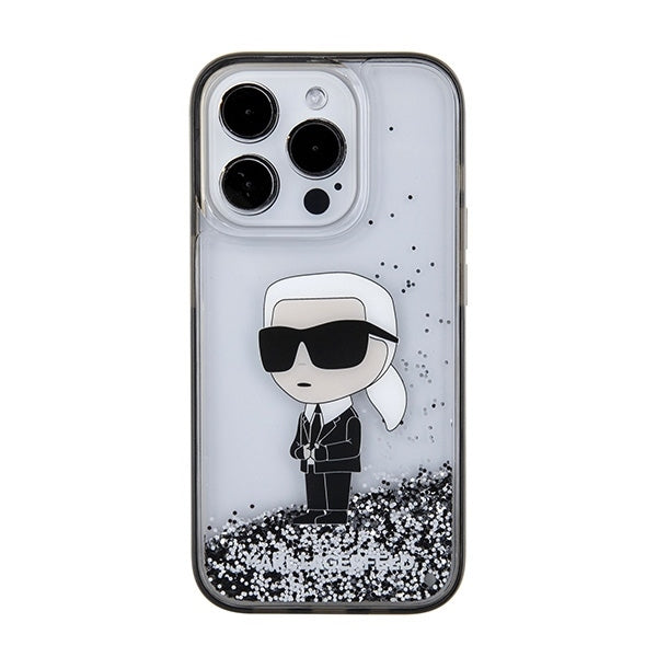 Custodia per Apple iPhone 15 Pro, Karl Lagerfeld, Liquid Glitter Ikonik Karl, Trasparente