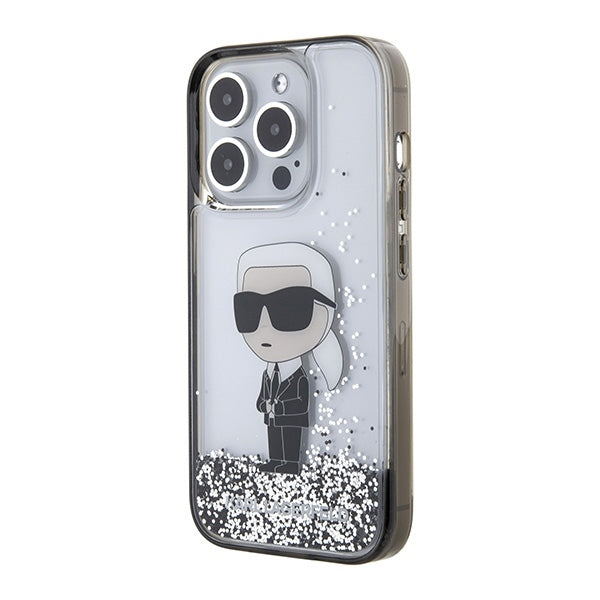 Custodia per Apple iPhone 15 Pro, Karl Lagerfeld, Liquid Glitter Ikonik Karl, Trasparente