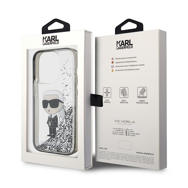 Custodia per Apple iPhone 15 Pro, Karl Lagerfeld, Liquid Glitter Ikonik Karl, Trasparente