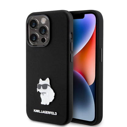 Custodia per Apple iPhone 15 Pro, Karl Lagerfeld, Silicone Choupette Metal, Nera