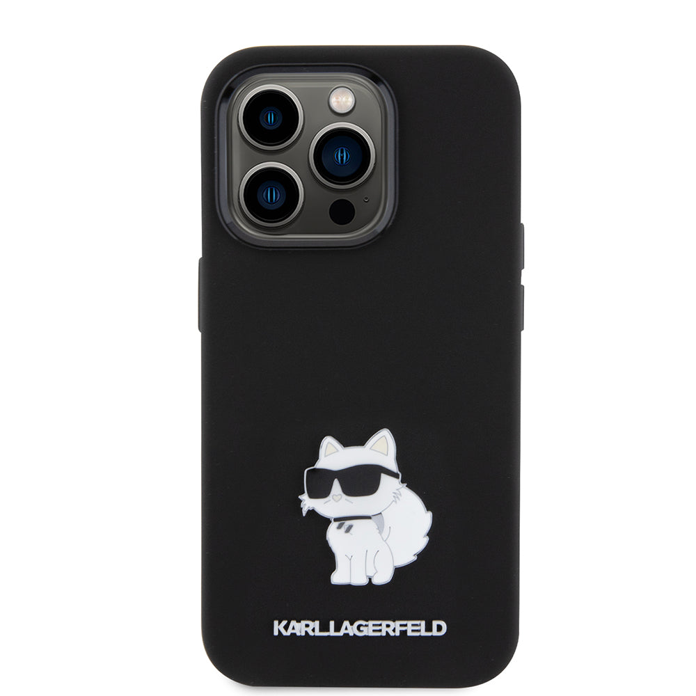 Custodia per Apple iPhone 15 Pro, Karl Lagerfeld, Silicone Choupette Metal, Nera